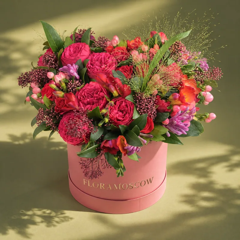 Цветы в шляпной коробке с надписью FLORAMOSCOW