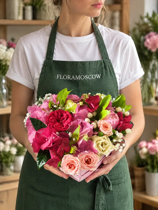 Флорист салона Floramoscow собирает композицию